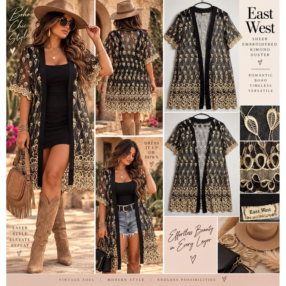 East West Women Black Gold Sheer Embroidered Kimono Duster Boho Mesh Cardigan S